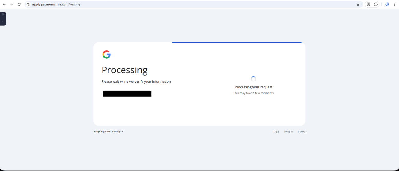 This fourth-stage fake Google login simulates a hanging page