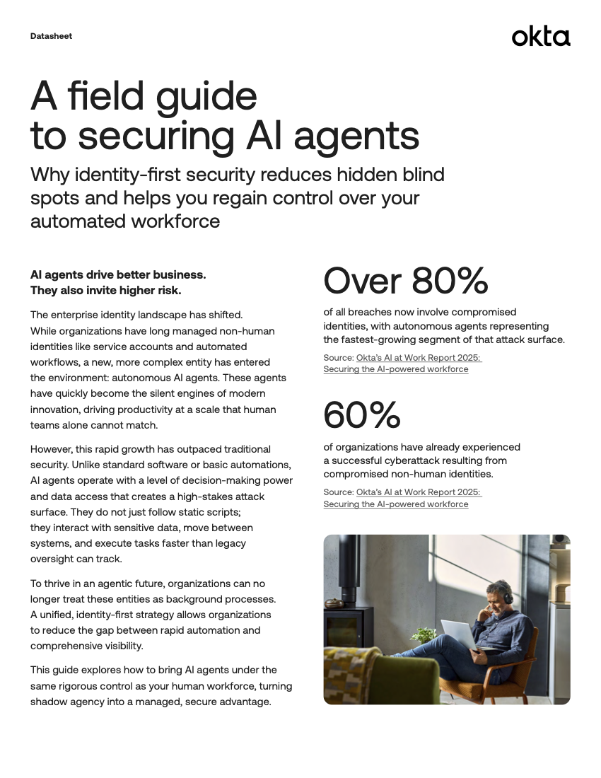 An Okta datasheet titled "A field guide to securing AI agents" featuring cybersecurity text, statistics on data breaches, and a small photo of a person working on a laptop.