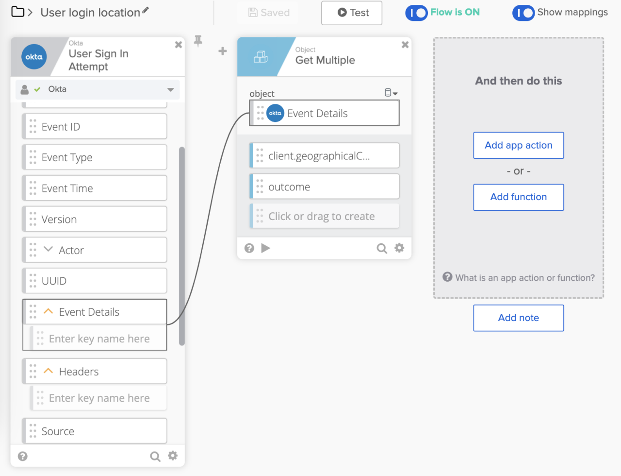 Okta Workflows canvas featuring a User Sign In Attempt event card connected to a Get Multiple function card configured to extract client.geographicalContext