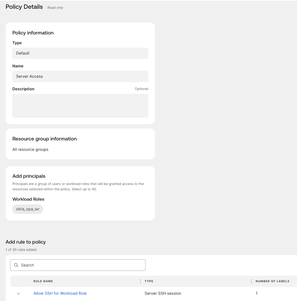 Server access policy details configuration screen in Okta showing policy information, resource group information, principals, and rules.