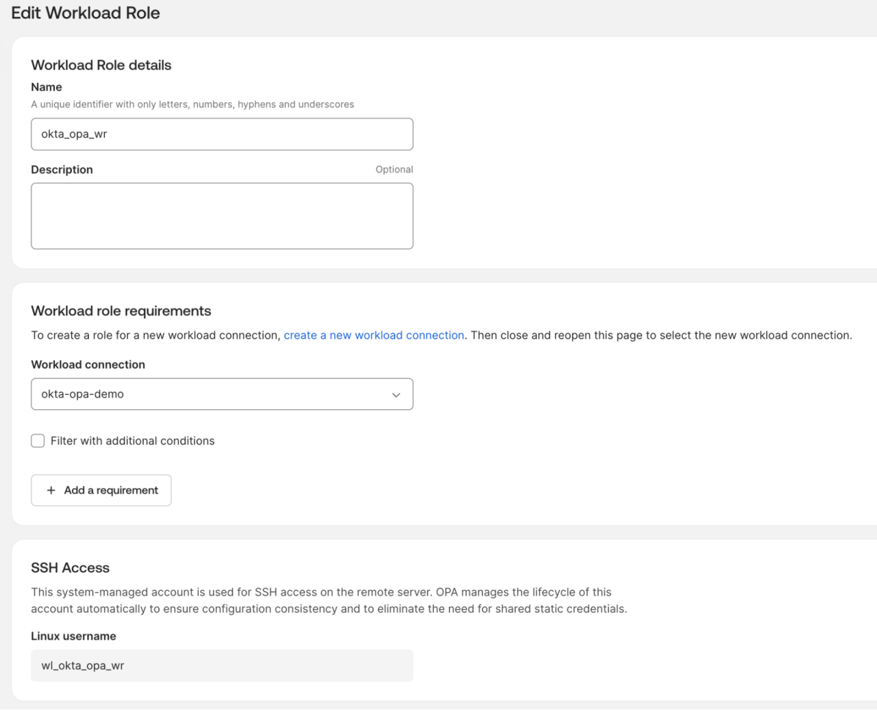 Edit Workload Role configuration screen in Okta showing role details, requirements, and Linux username settings.
