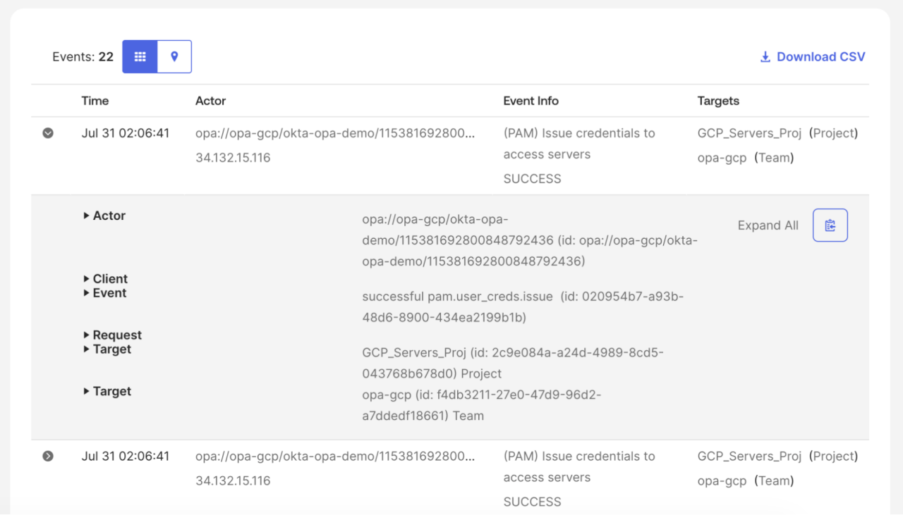 Security event log dashboard interface showing successful credential issuance events for server access.