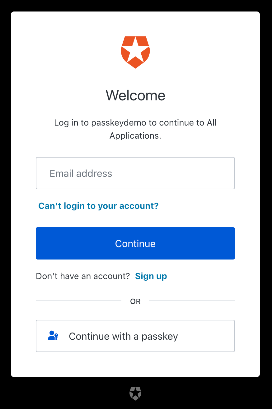 A digital login interface displays the Auth0 logo and prompts users to log in to passkeydemo for all applications. 