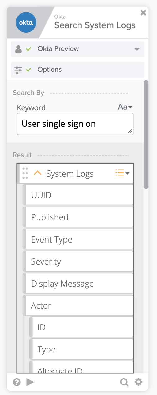 Okta Workflows "Search System Logs" card configured to search for user single sign-on events.