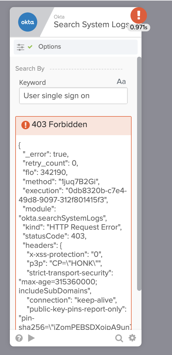 Okta Workflows "Search System Logs" card displaying a "403 Forbidden" error response.