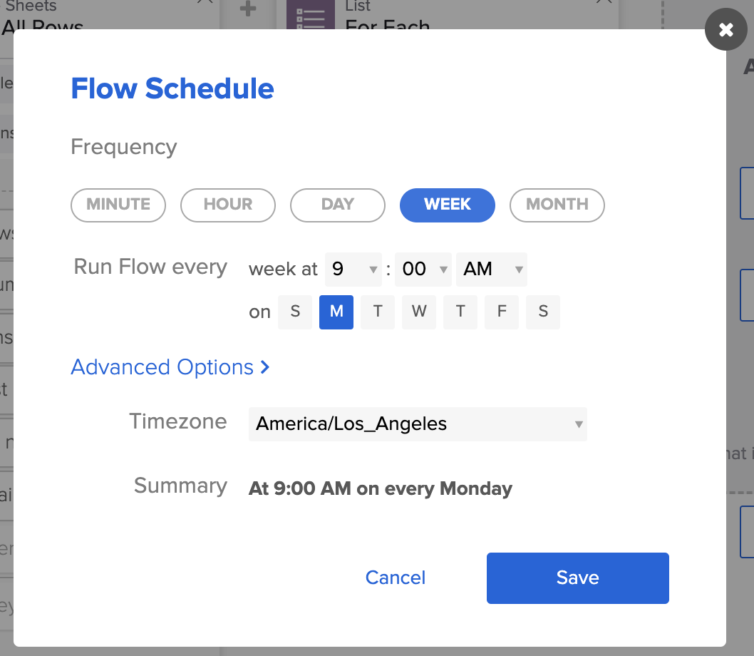 Software interface dialog titled Flow Schedule displays options for configuring an automated workflow.