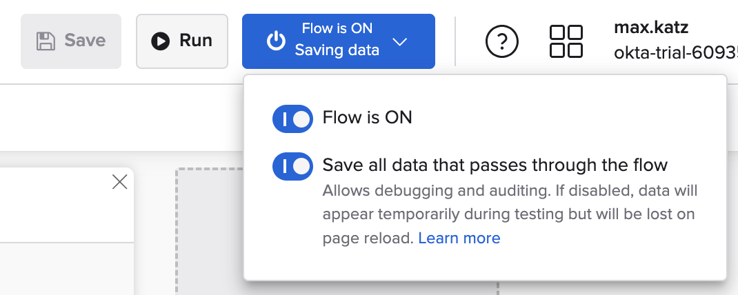 User interface panel for configuring a flow, with a toggle indicating that the flow is ON.