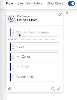 GIF showing the step-by-step setup of an input field on an Okta Workflows Helper Flow card.