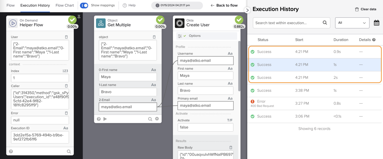 An automated workflow execution log displaying green success checkmarks for an On Demand Helper Flow, Object Get Multiple card, and Okta Create User step.