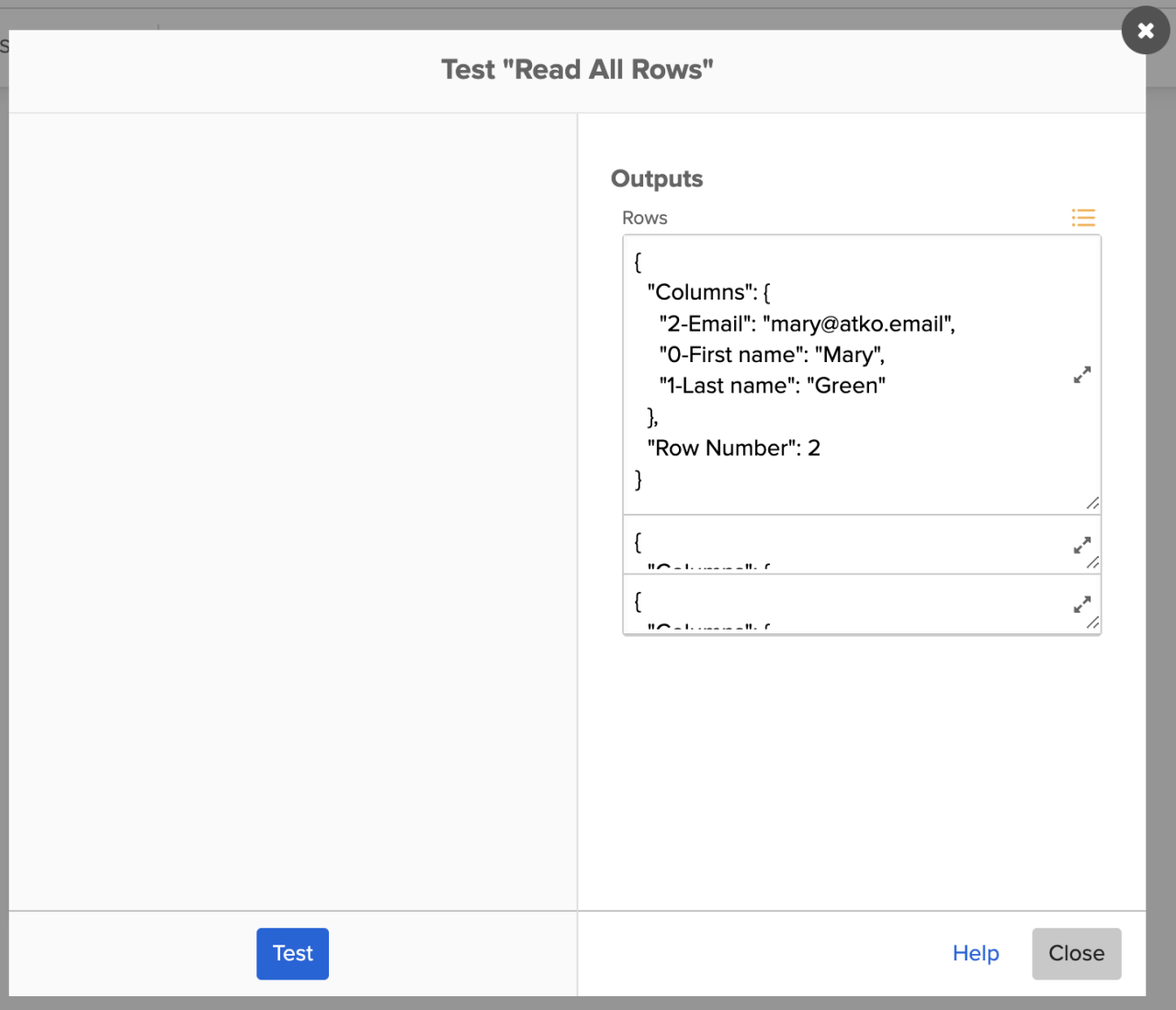 A workflow testing dialog displaying JSON data outputs including email, first name, last name, and row number extracted from Google Sheets.