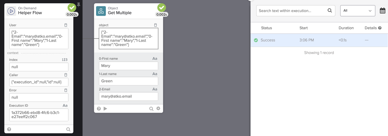 An automated workflow execution view displaying green success checkmarks for helper flow input parsing and user attribute extraction.