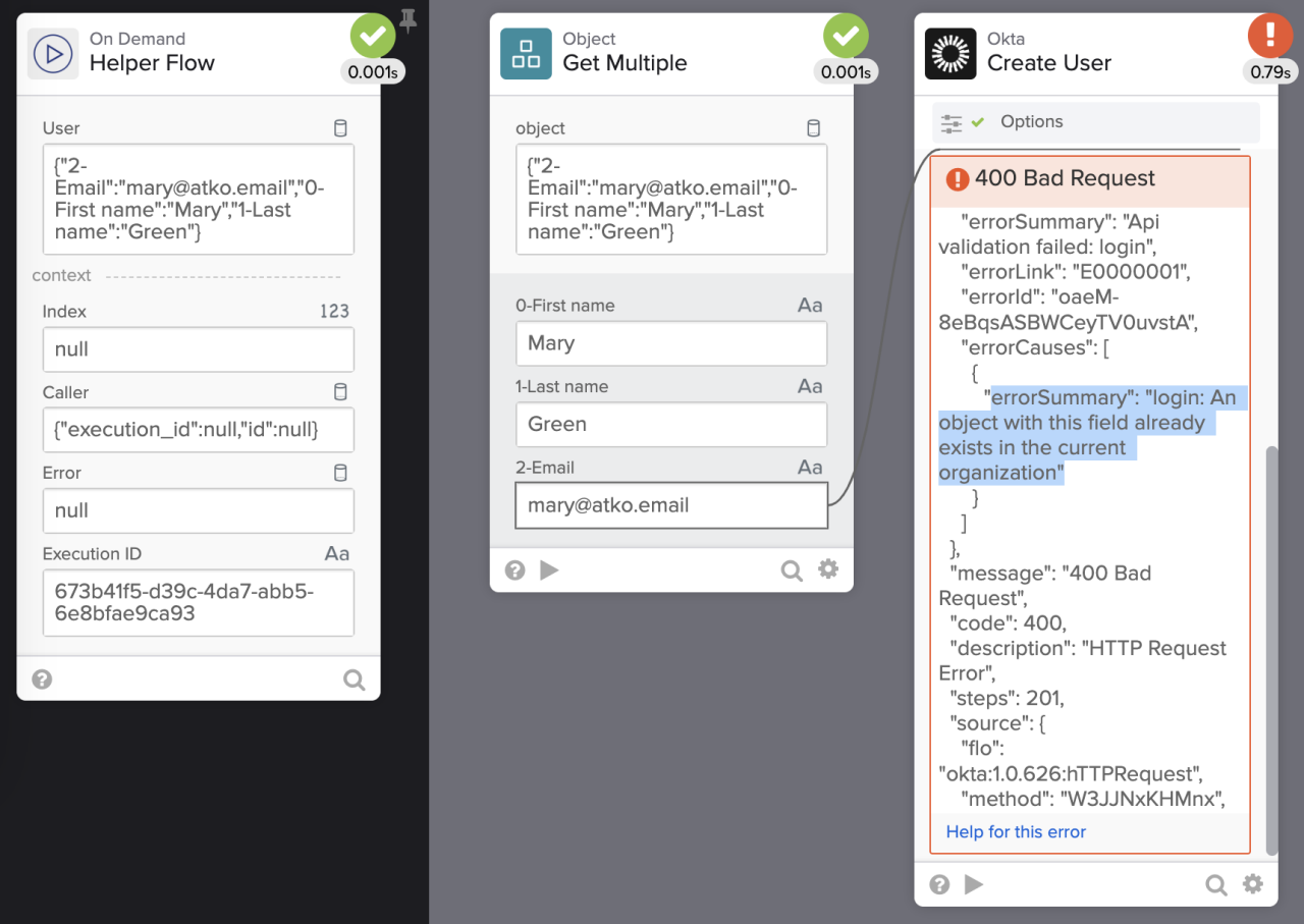 An automated user provisioning workflow displaying a 400 Bad Request error during the Okta Create User step.