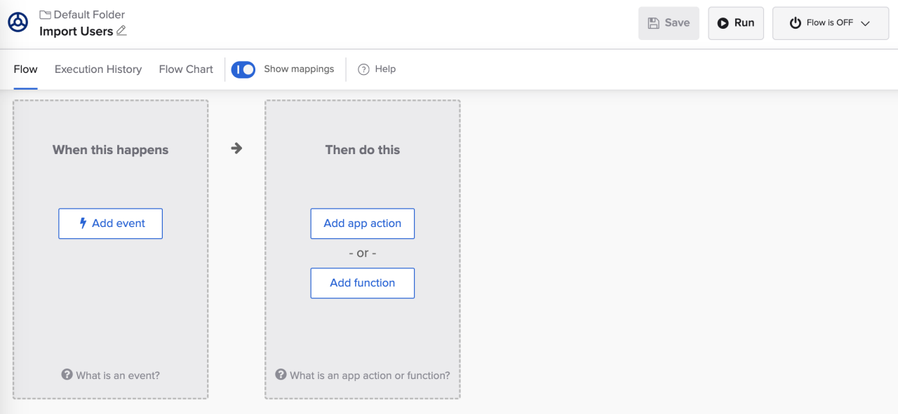 A workflow builder interface titled Import Users in the Default Folder. 