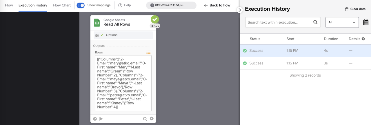 Software interface displaying a workflow execution history alongside a Google Sheets data output panel.