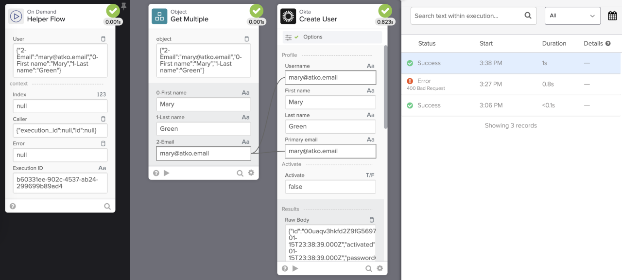 An automated workflow execution log displaying successful card steps for user creation alongside a list of past execution statuses.