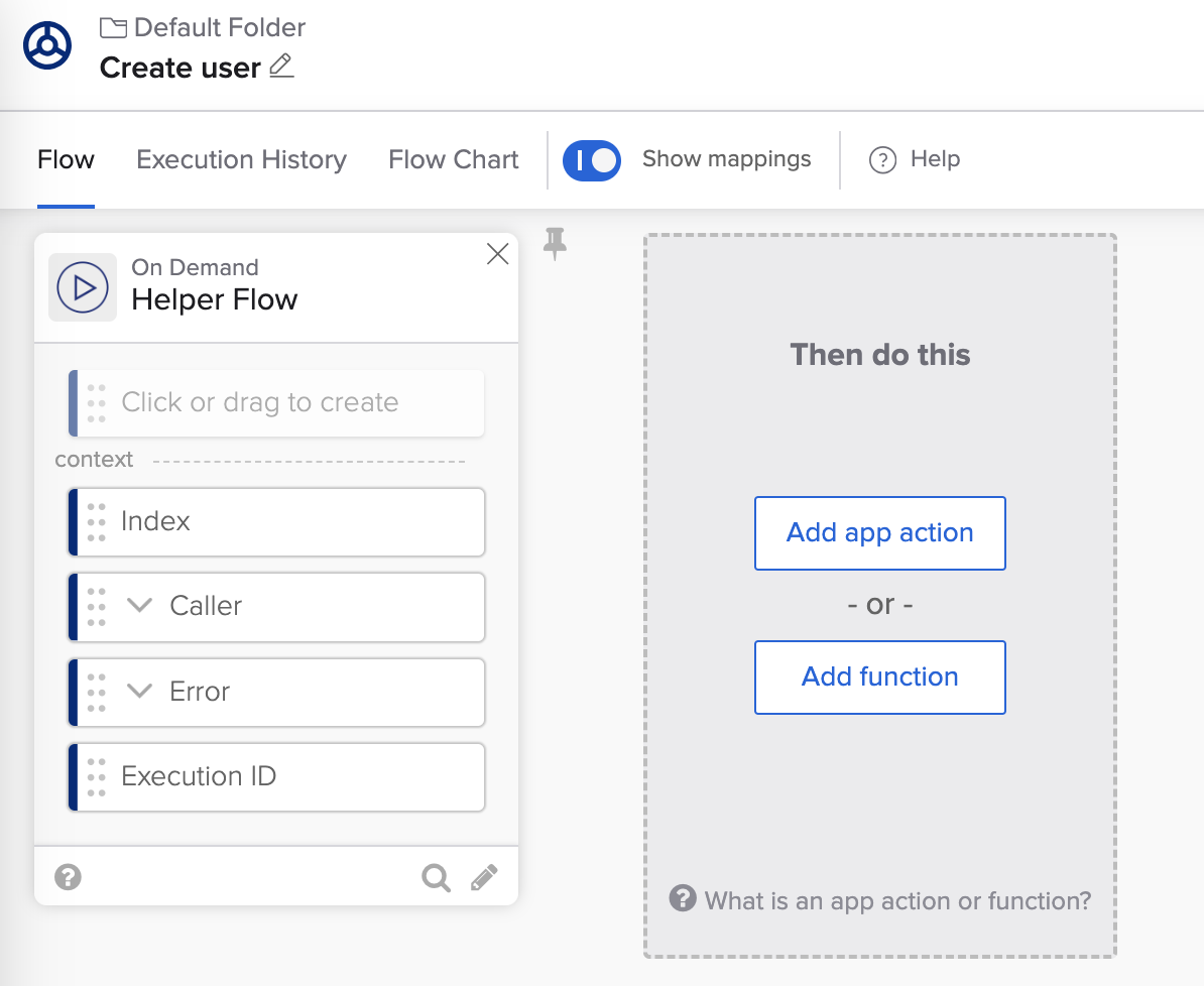 Okta Workflows interface showing an On Demand Helper Flow card with context fields alongside options to add an app action or function.