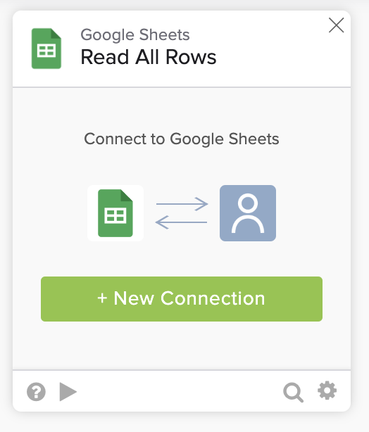 Google Sheets Read All Rows connection card dialog in Okta Workflows.