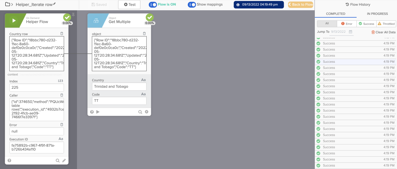 Workflow automation dashboard interface displaying a main flow connected to a helper flow for looping through table rows.