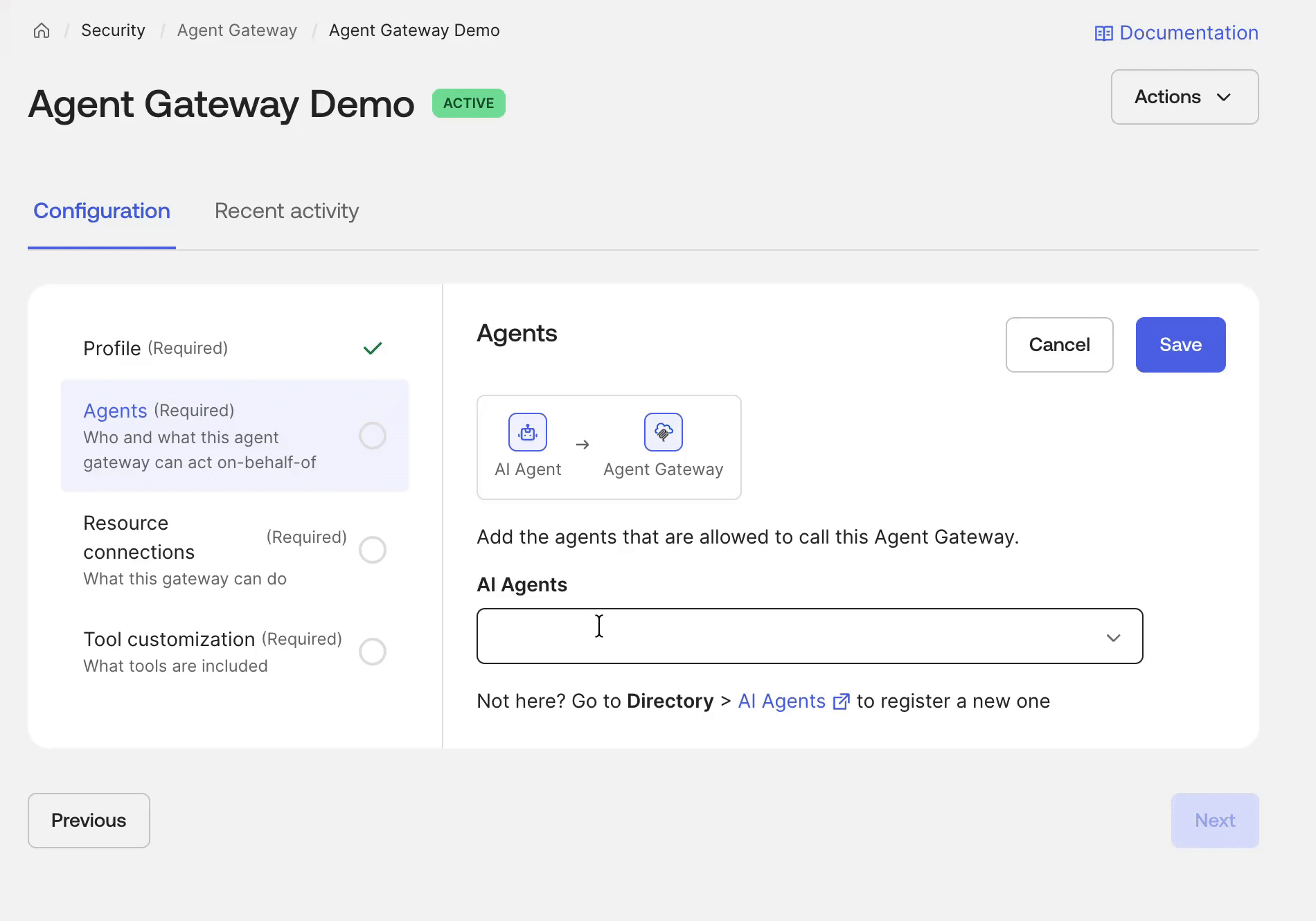 Agent Gateway Demo configuration page in a web application