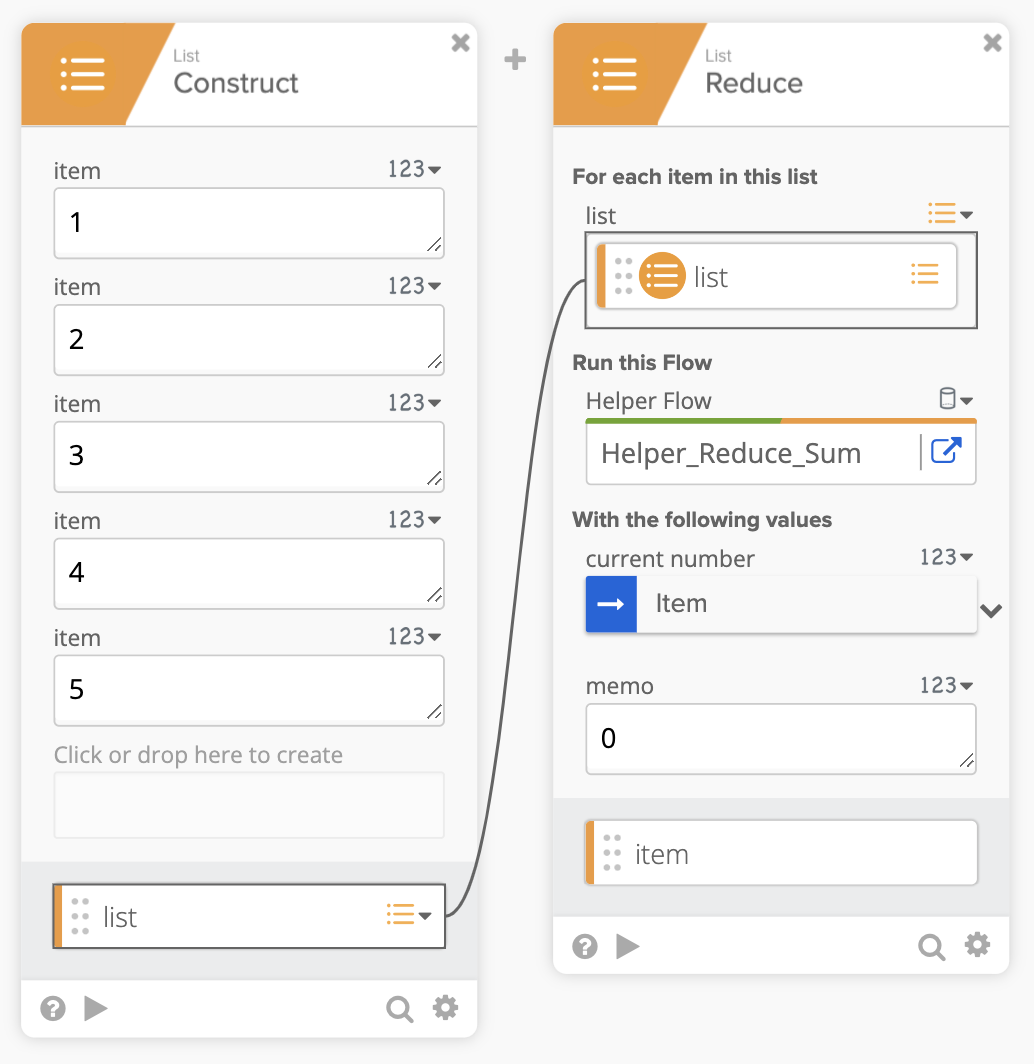 Workflow interface with two connected panels labeled Construct and Reduce. 