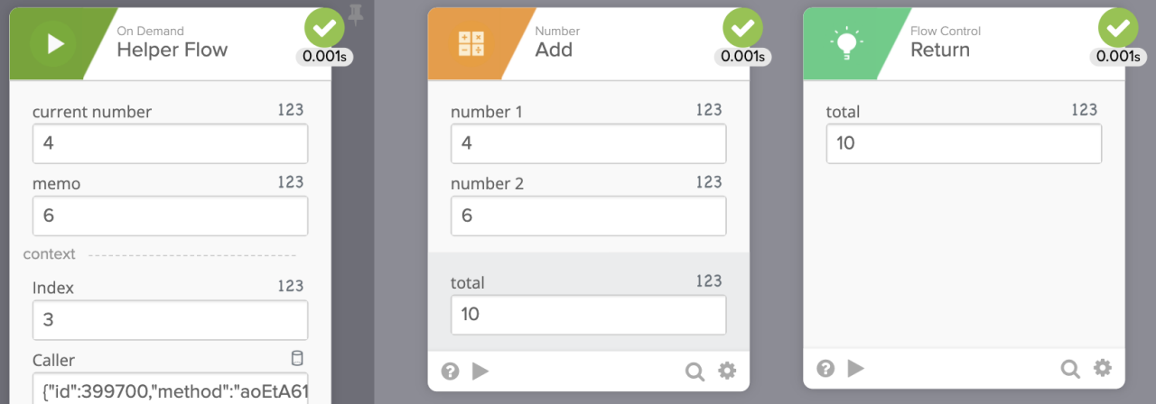 Workflow interface with three connected panels.