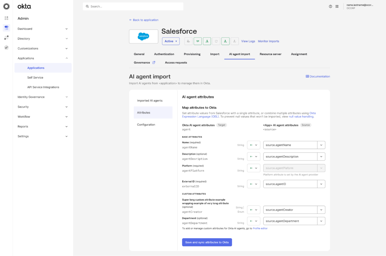 Okta admin console displaying the Salesforce application configuration page