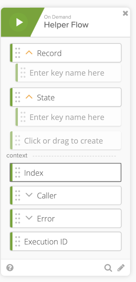 Okta Workflows "On Demand Helper Flow" card configured with Record and State inputs.
