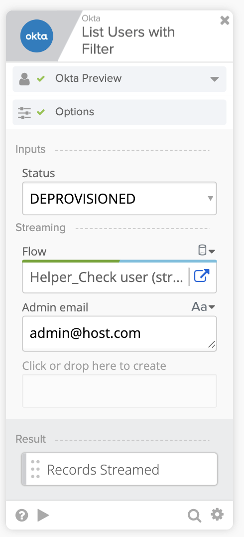 Okta Workflows "List Users with Filter" card streaming deprovisioned users to a helper flow with an Admin email parameter.