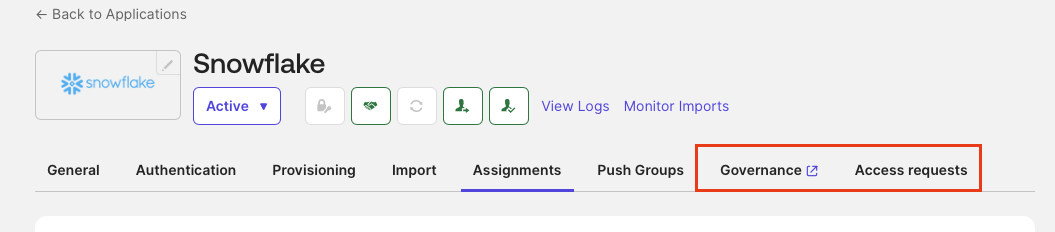 Screenshot of a Snowflake application configuration page in an admin console. 