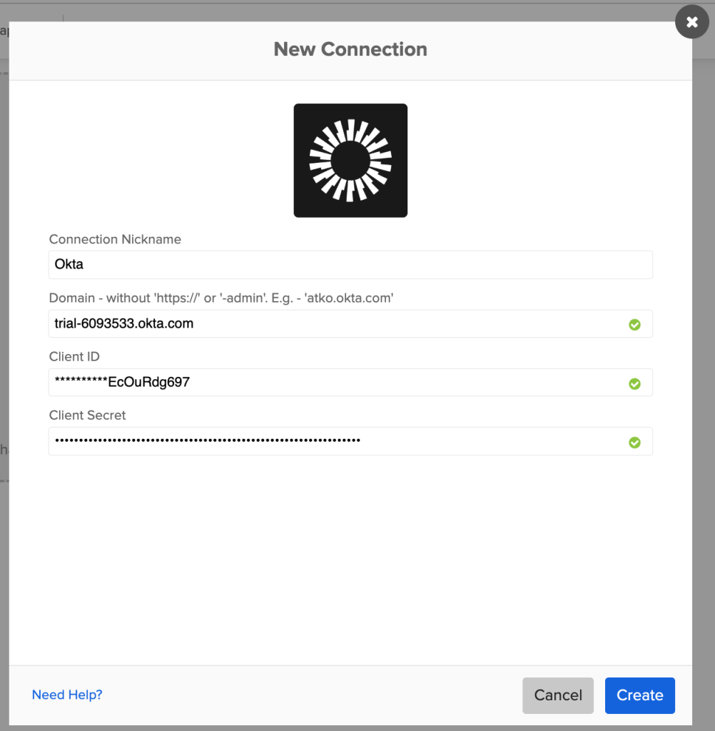 "New Connection" pop-up dialog in Okta Workflows configured with Okta domain, Client ID, and Client Secret.