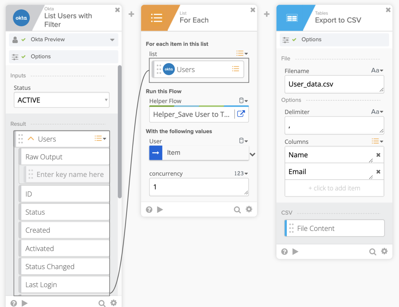 Okta Workflows sequence showing three connected cards: List Users with Filter, For Each iteration, and Export to CSV.