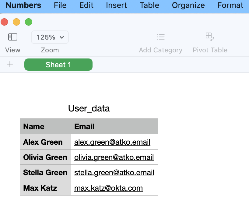 Apple Numbers spreadsheet snippet displaying a "User_data" table with Name and Email columns containing sample user records.