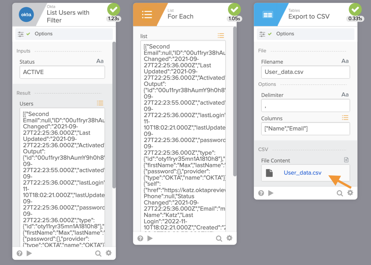 Okta Workflows diagram illustrating how to query filtered active users, iterate over the returned list, and export selected user attributes to a CSV file.