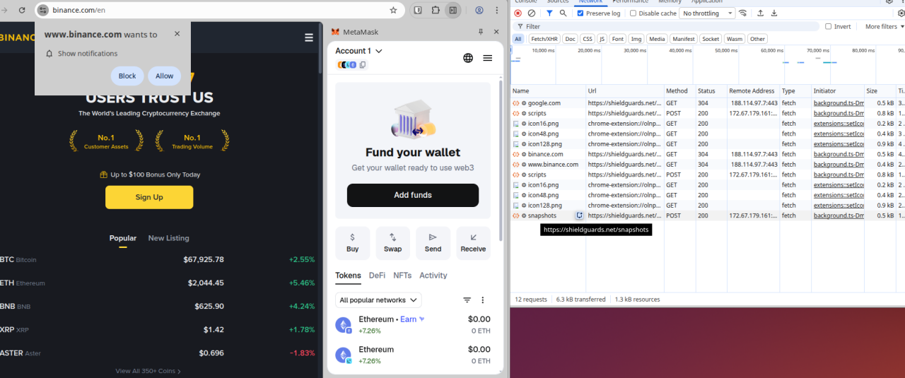 Figures 9 and 10: Analysis of the extension when navigating to popular cryptocurrency sites