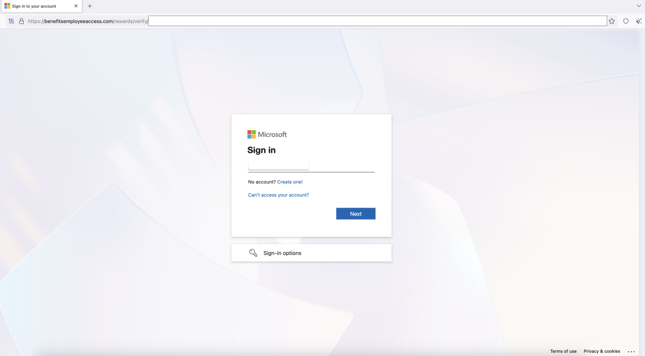 Fraudulent Microsoft login portal hosted on the phishing site