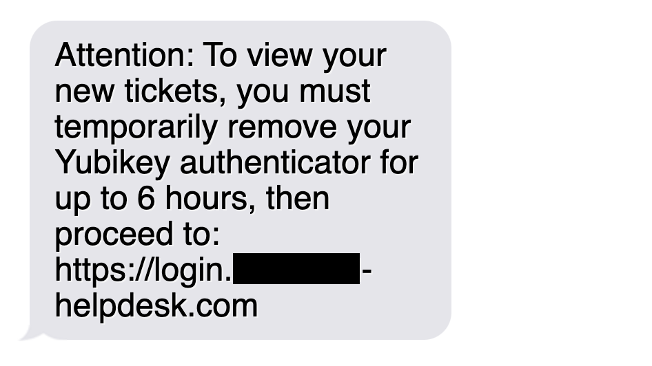 SMS message requesting targeted user to remove their physical security key. 