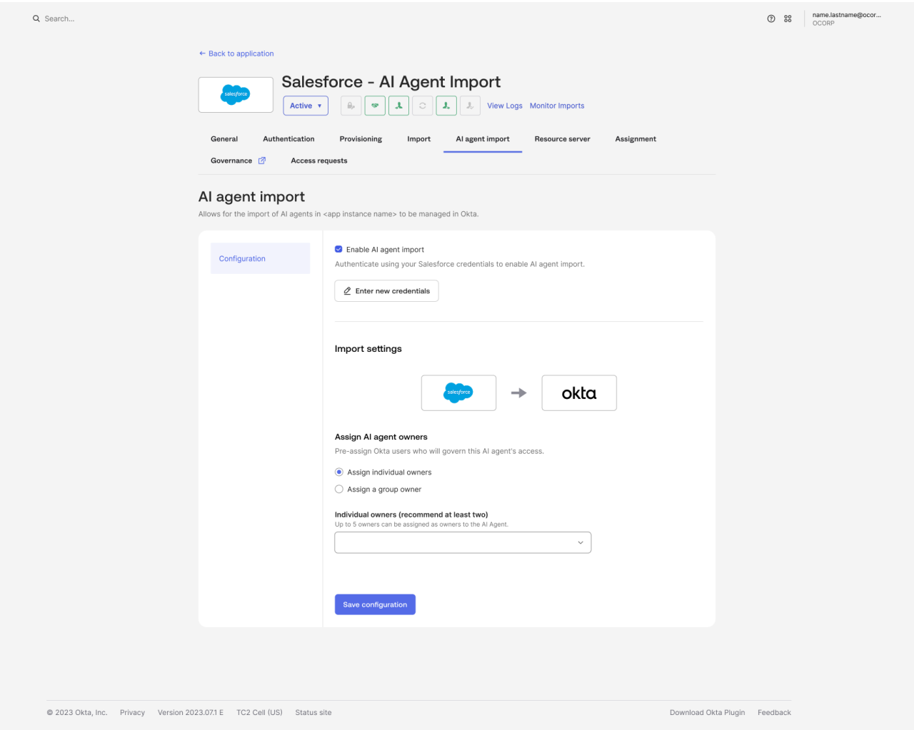 The main subject is a web interface for Salesforce AI Agent Import, showing integration with Okta. 