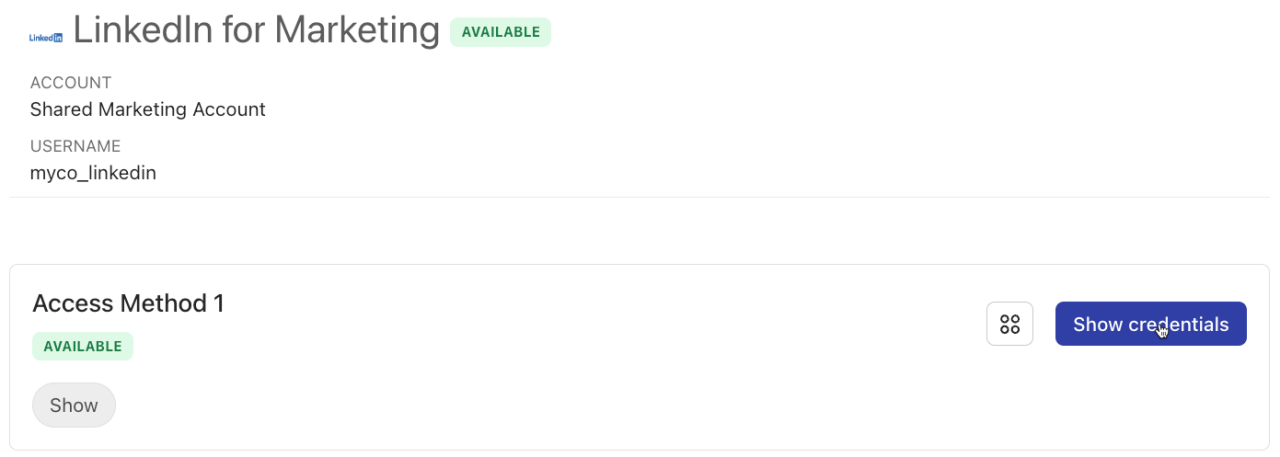 Screenshot of LinkedIn for Marketing SaaS App, hovering over Show credentials