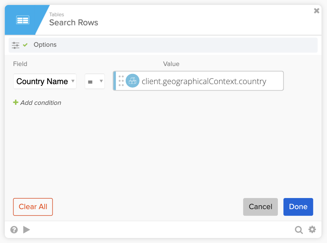Search Rows dialog box in Okta Workflows. The configuration sets the field 'Country Name' equal to the dynamic value client.geographicalContext.country