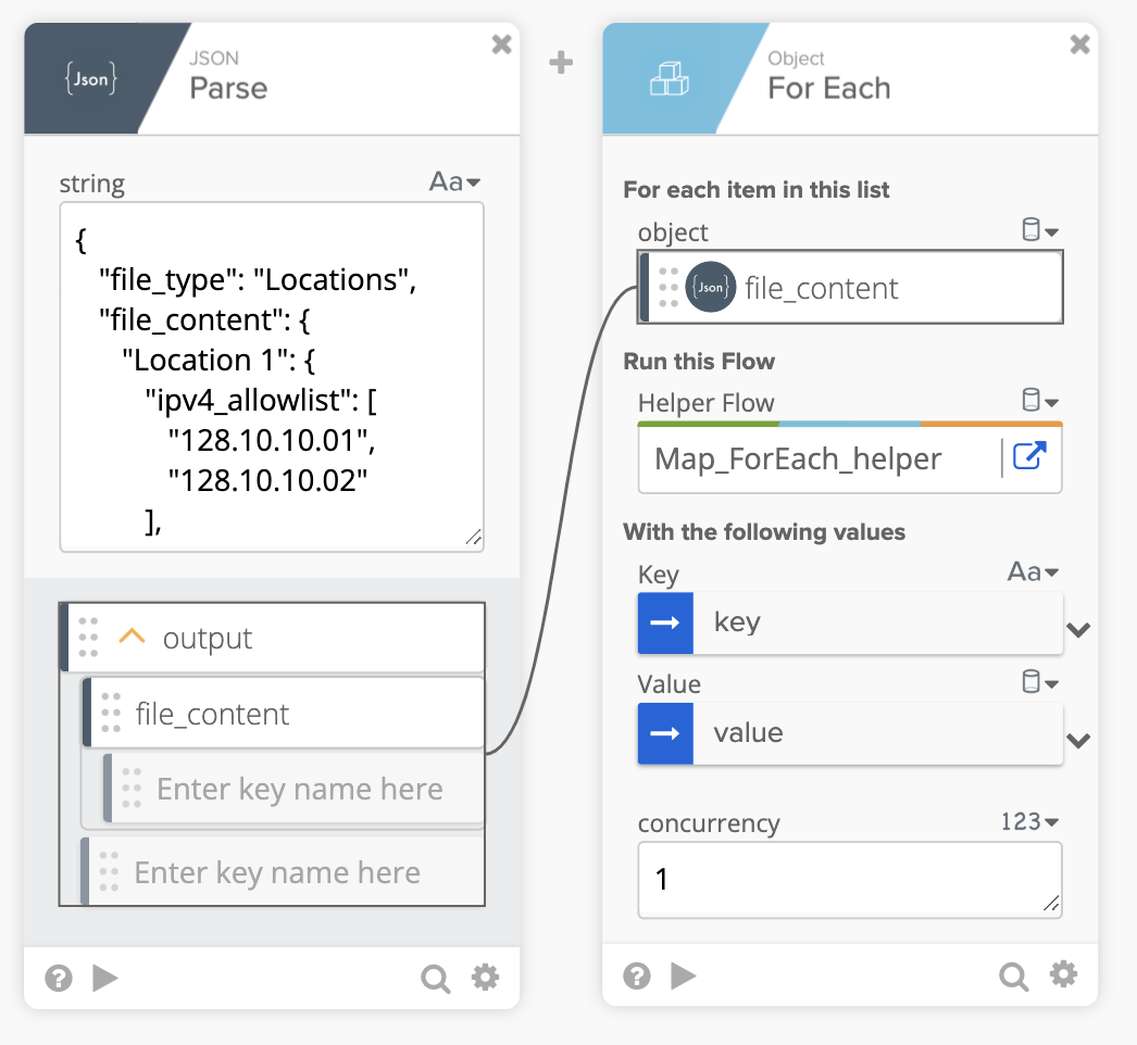 Okta Workflows interface showing a JSON Parse card connected to an Object For Each helper flow card.