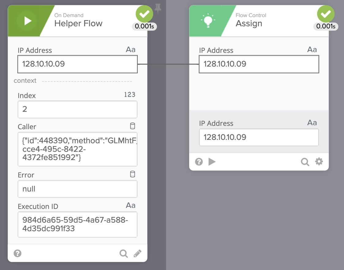 Okta Workflows execution history showing an IP Address passed from a Helper Flow card into an Assign card.