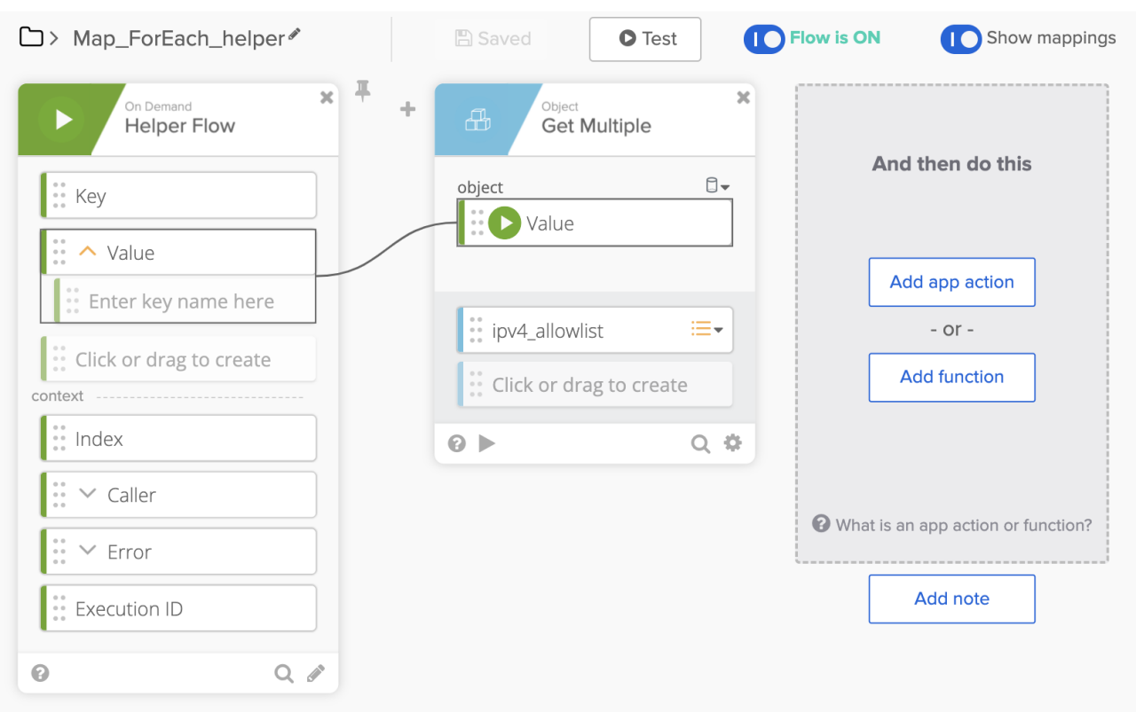 Okta Workflows helper flow configuration screen showing Helper Flow inputs mapped to a Get Multiple action card.