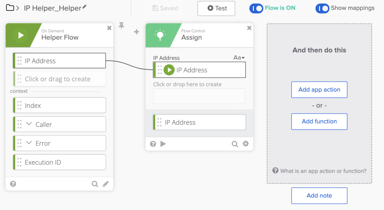 Okta Workflows interface showing an IP Helper flow setup.