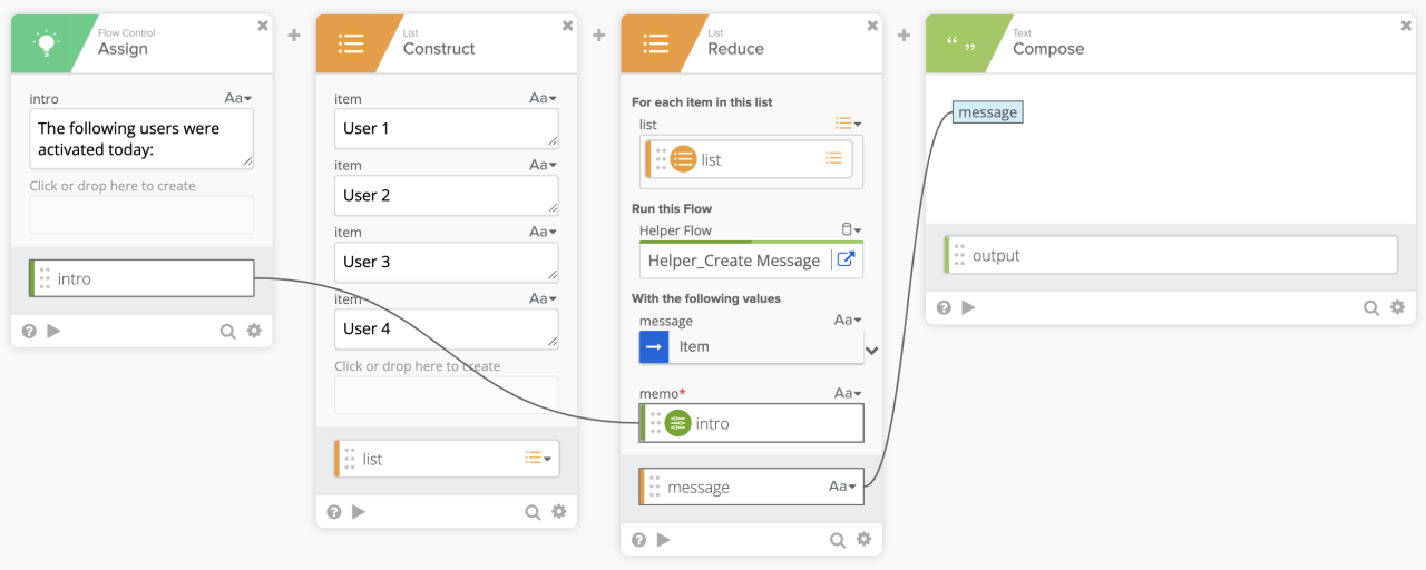 Workflow builder interface showing multiple connected panels. 
