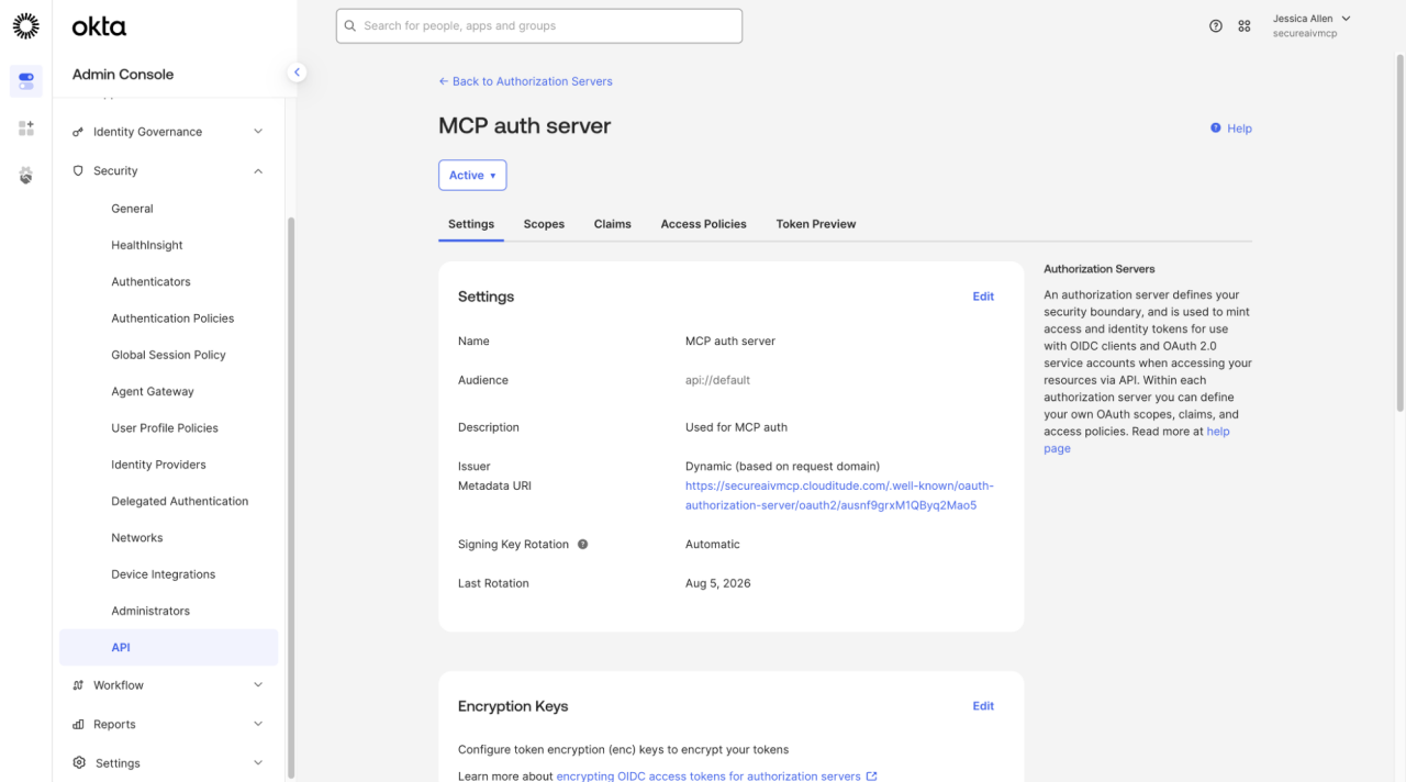 Okta Admin Console displaying the MCP auth server configuration page