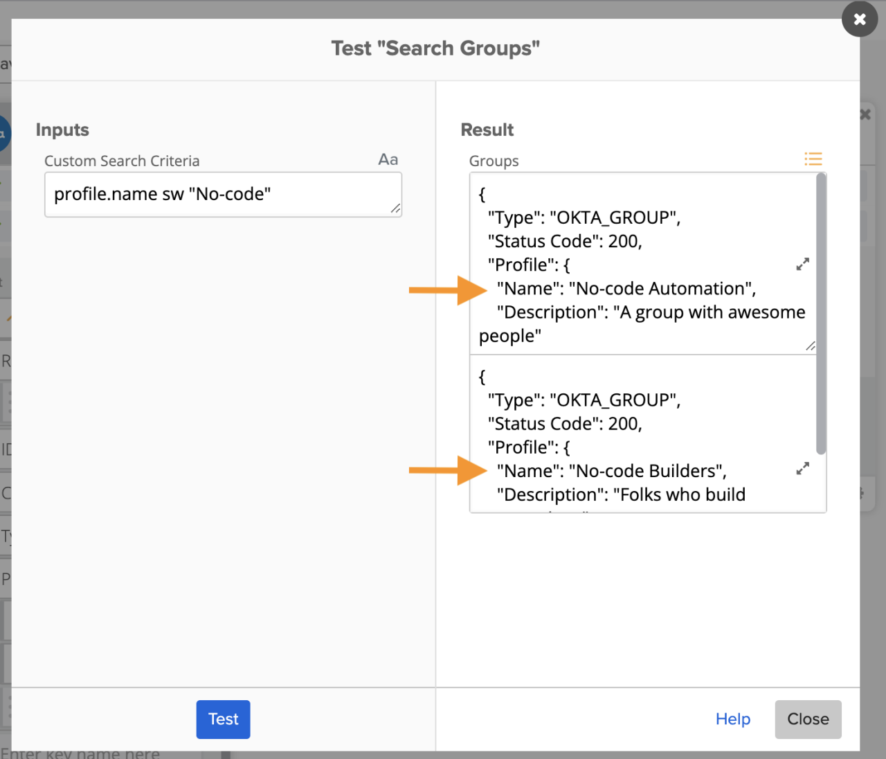 Test Search Groups window in Okta Workflows, showing a custom search for groups starting with "No-code".