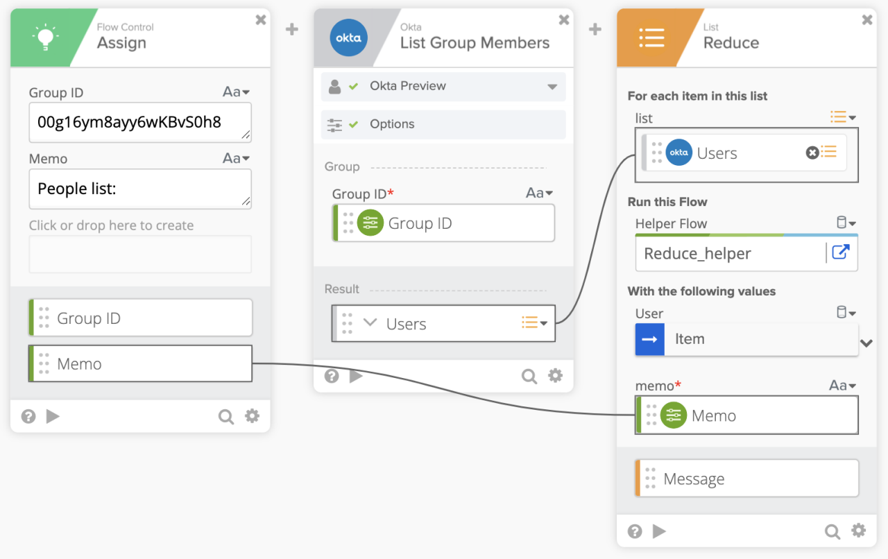 Workflow automation interface composed of three connected modules. 