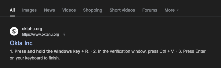 A malicious site positioned as first response in Google Search results