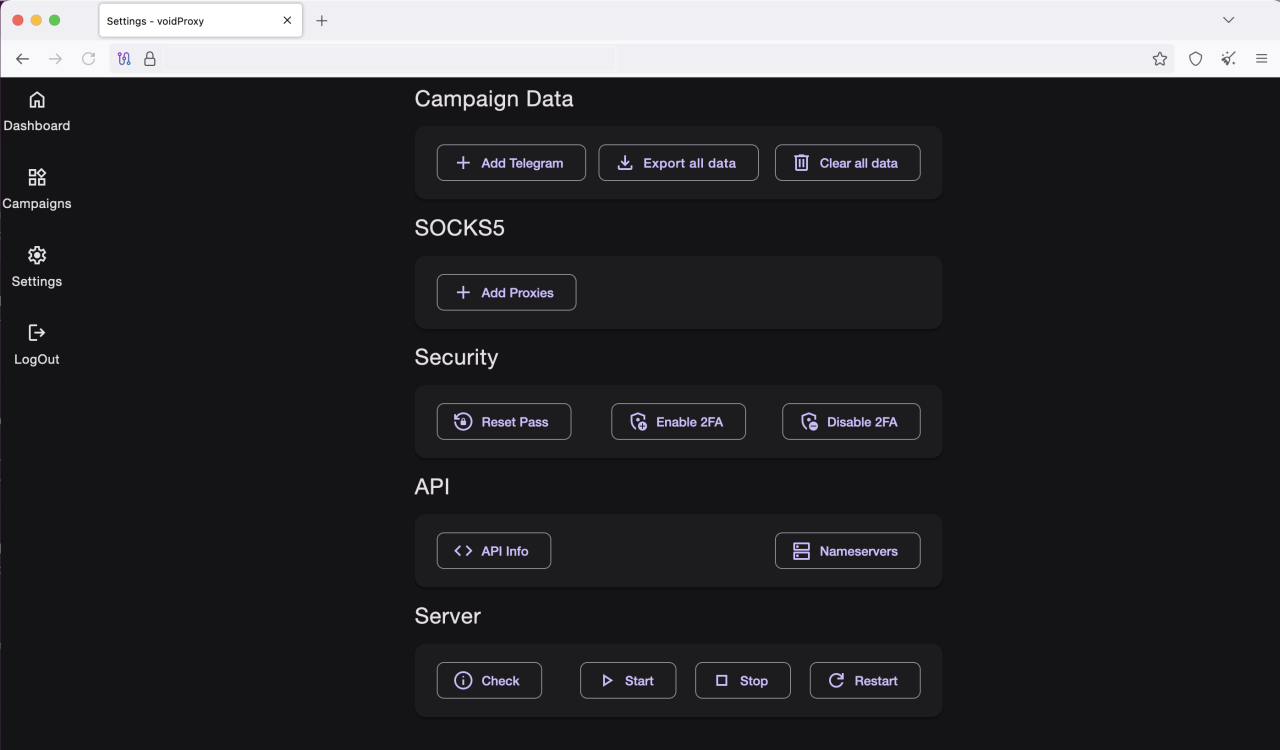 VoidProxy admin panel campaigns settings page
