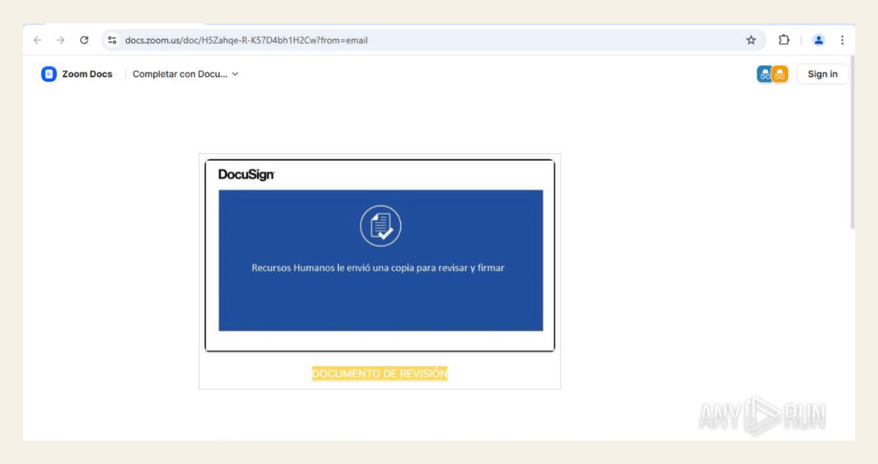 The DocuSign lure delivered via Zoom Docs, identified using AnyRun